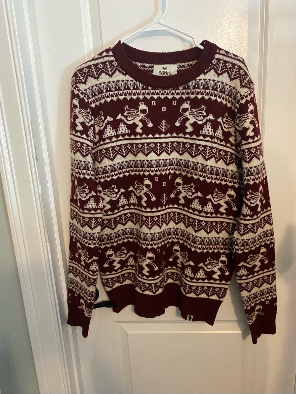 Bellfield Wool Blend Burgundy and Cream Fair Isle Nordic Crewneck Sweater